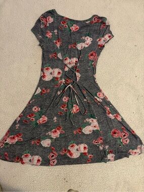 Gray Floral Lace-Up Back Fit & Flare Dress